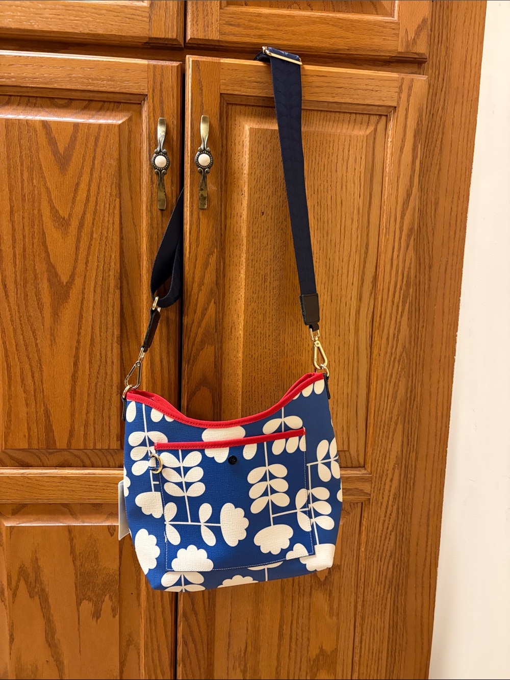 Orla Kiely Blue Floral Crossbody Bag with Red Trim
